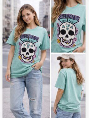 Reason Self Made Skull Graphic T-Shirt Mint Green Women Streetwear Designer Tee